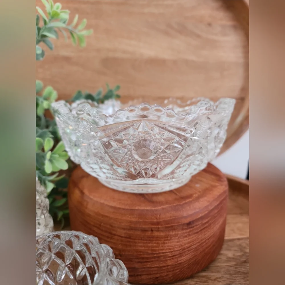 Vintage EAPG Clear Cut Glass Starburst Bowl Hobnail Trinket Box Votive Holder